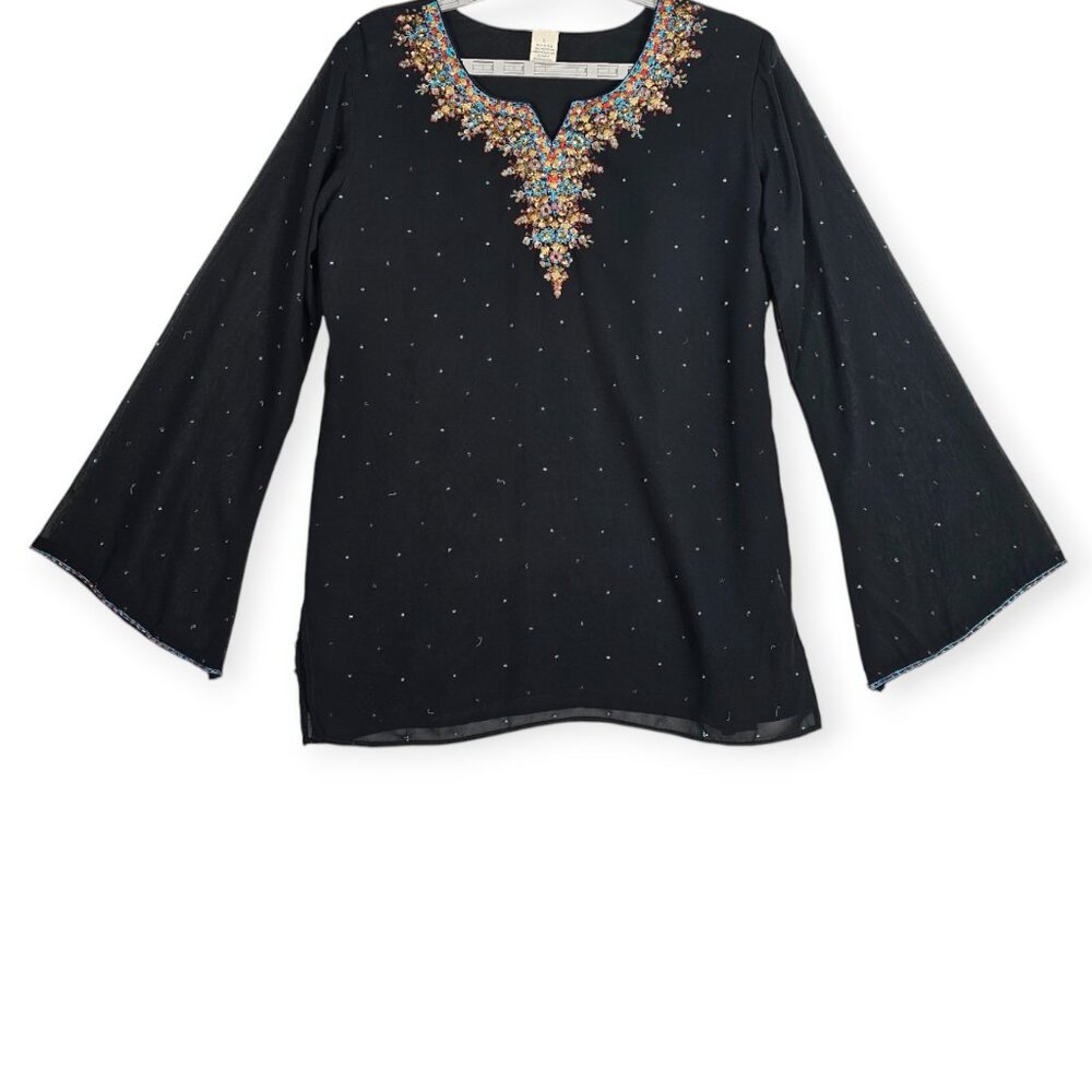Embellished Tunic Blouse - Women's Large - Black Sheer w/ Bell Sleeves